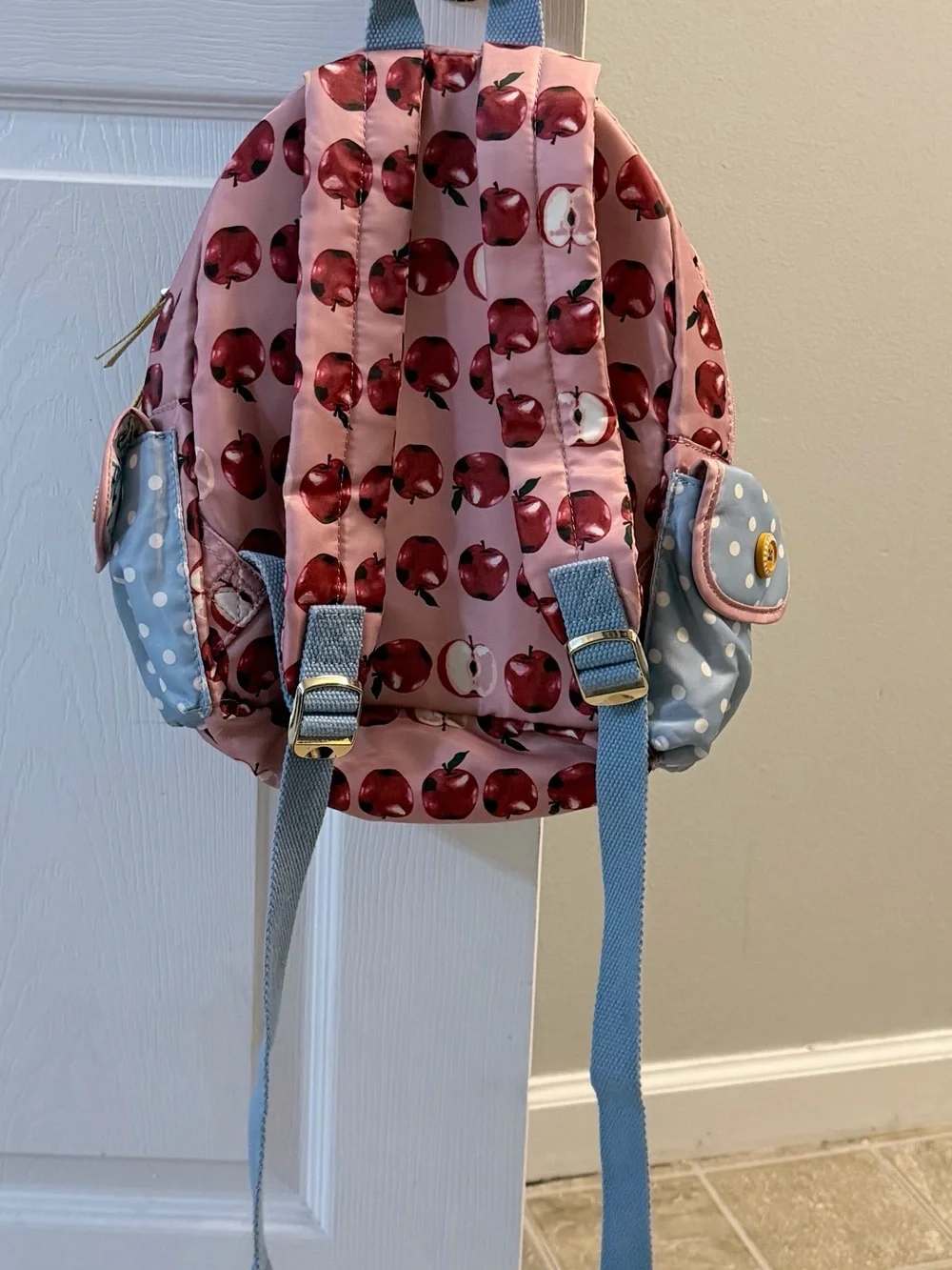 Matilda Jane Pink Apple Print Kids Backpack with Blue Accents
